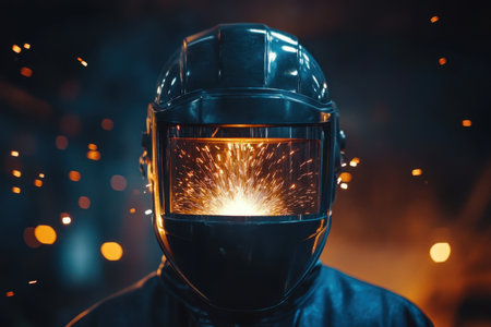 A dramatic close-up of a welder in full protective gear, capturing the dynamic moment of sparks flying during metalwork in an industrial setting.の素材