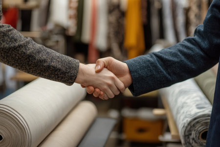 Close-up of two business professionals shaking hands in a vibrant textile showroom, symbolizing partnership and agreement amid colorful fabrics and materials.の素材