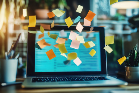 A dynamic scene showcasing colorful sticky notes floating above a laptop, illustrating the concept of brainstorming and creativity in a modern workspace setting.の素材