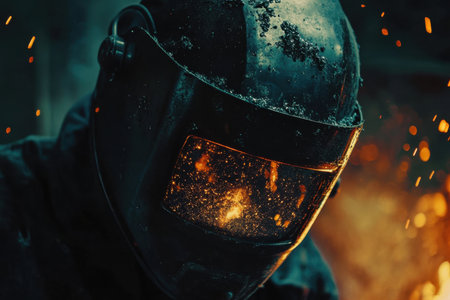 A close-up of a welding helmet reveals bright sparks igniting in the background, showcasing the intensity and artistry of metalworking.の素材