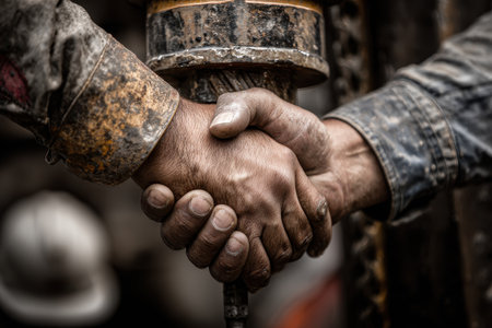 This image captures a close-up handshake between two workers, symbolizing teamwork and collaboration in an industrial environment. The weathered hands reflect hard work and dedication.の素材