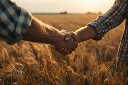 Two hands shake in a golden wheat field during sunset, symbolizing partnership and connection in nature. The warm atmosphere enhances the serene moment.の素材