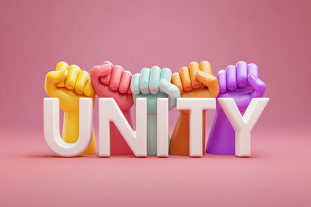 This colorful illustration features vibrant fists holding up the word "UNITY" against a soft pink background, symbolizing strength and togetherness in diversity.の素材