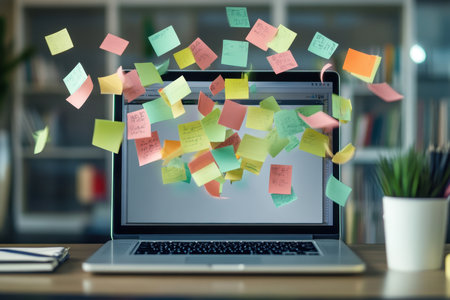 A vibrant display of sticky notes hovers above a laptop screen in a modern office, illustrating themes of creativity, organization, and effective brainstorming techniques.の素材