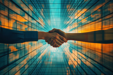 A powerful visual of a handshake between two individuals set against a vibrant city skyline, symbolizing partnership and collaboration in a modern business environment.の素材