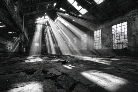 Captivating image of light rays streaming through dusty windows in an abandoned industrial building, creating a haunting atmosphere of decay and silence.の素材