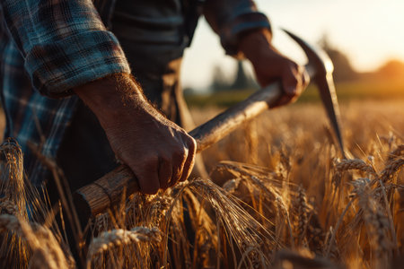 A farmer engages in the harvest of wheat using a hand tool in a golden field. The warm sunset casts a beautiful glow, showcasing the essence of agriculture.の素材