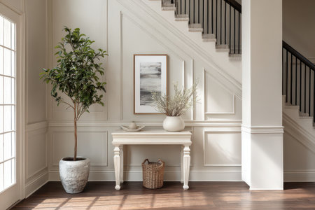 A beautifully styled entryway featuring a staircase, a potted plant, and decorative elements. The space exudes elegance and calmness, ideal for modern living.の素材