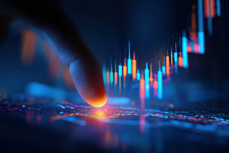 Close-up of a finger touching a luminous digital graph displaying colorful candlestick charts, symbolizing financial analysis, data interpretation, and market trends.の素材