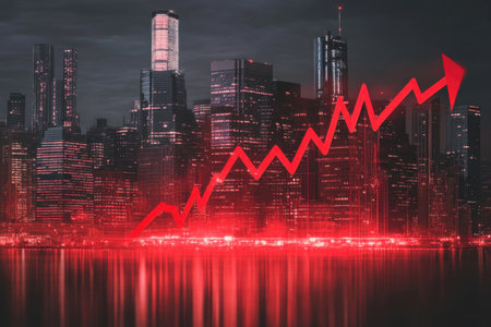 A striking city skyline at twilight features a bold upward graph and vibrant red accents, symbolizing growth and success in business and finance. Perfect for corporate themes.の素材