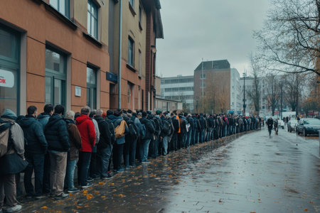 A long line of people patiently waiting outside a building on a cloudy day. The urban setting features wet pavement and autumn trees, creating a somber yet striking atmosphere.の素材