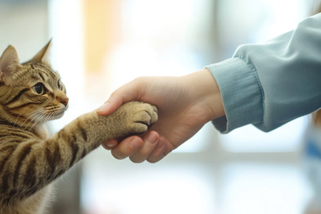 A touching scene captures the moment of connection between a person and a cat as they gently shake paws, showcasing affection and trust.の素材