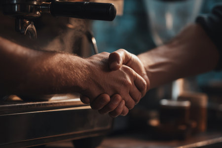 A close-up view of a handshake between two baristas in a coffee shop, symbolizing partnership and trust. The warm atmosphere reflects collaboration in a professional setting.の素材