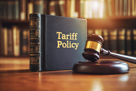A legal book titled Tariff Policy rests beside a gavel on a wooden table, bathed in warm light, representing concepts of law, finance, and trade regulations.の素材