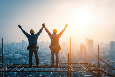 Two joyful construction workers celebrate their success on a rooftop at sunset, showcasing teamwork and achievements against a stunning urban skyline.の素材