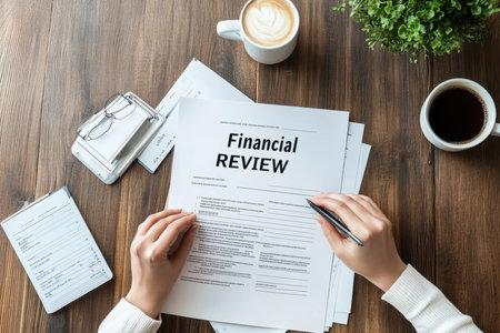 A business professional engages in a financial review with documents on a wooden desk, complete with coffee and glasses, highlighting focused analysis and organization.の素材