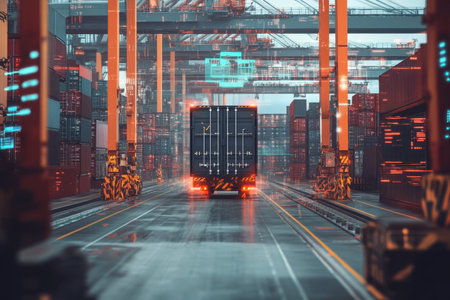 A cargo transport truck makes its way through a vibrant shipping port, surrounded by towering cranes and colorful containers, showcasing modern logistics in action.の素材