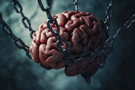 This striking image portrays a human brain bound by chains, depicting the struggle of knowledge constrained by fear and anxiety. Ideal for thought-provoking concepts.の素材