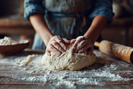 A cozy kitchen scene featuring hands kneading dough on a rustic wooden table, surrounded by flour and baking tools, evoking the warmth of homemade bread preparation.の素材