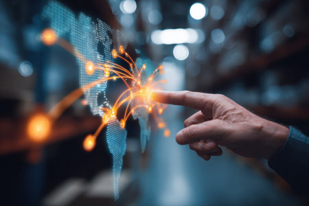 A hand reaches towards a digital world map, illustrating connections and data flow. Bright lines and points signify global interaction and advanced technology.の素材