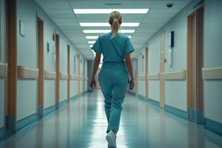 A healthcare professional walks confidently down a quiet hospital corridor. The modern design and bright lighting create an atmosphere of hope and dedication.の素材