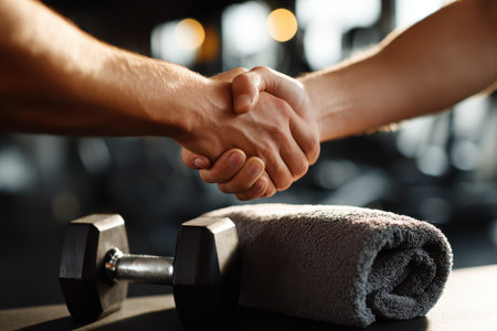 A close-up of two hands shaking symbolizes support and partnership after an intense workout. A towel and dumbbell are in focus, enhancing the fitness theme.の素材