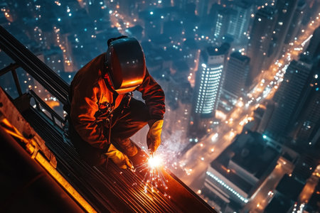 A worker expertly welds on a skyscraper rooftop at night, surrounded by a dazzling urban skyline. Sparks illuminate the scene, showcasing skill and bravery in the craft.の素材