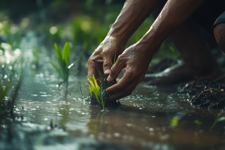 A close-up view of hands delicately planting rice seedlings in a flooded field, showcasing the harmony between nature and human effort in agriculture.の素材