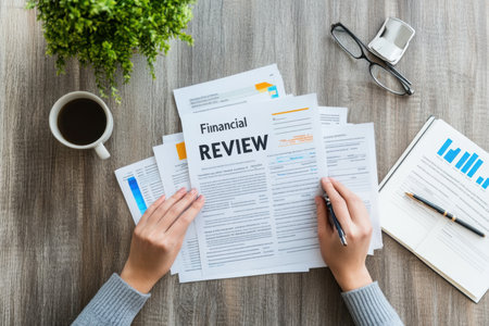 A top-down view of hands holding financial review documents while analyzing data at a wooden desk, accompanied by coffee, glasses, and a small plant for a professional setting.の素材
