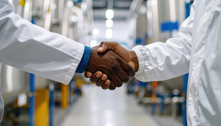 Two professionals in white lab coats shake hands, symbolizing partnership and trust in an industrial facility, showcasing collaboration and teamwork in action.の素材