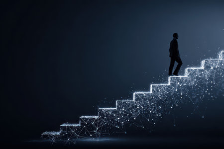 A silhouette of a man climbing digital stairs, symbolizing growth and progress. The interconnected connections illustrate the journey towards success and innovation.の素材
