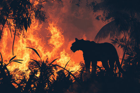 A stunning image of a panther silhouette against a raging fire in the jungle, highlighting the fierce beauty of wildlife and the urgent need for environmental conservation.の素材