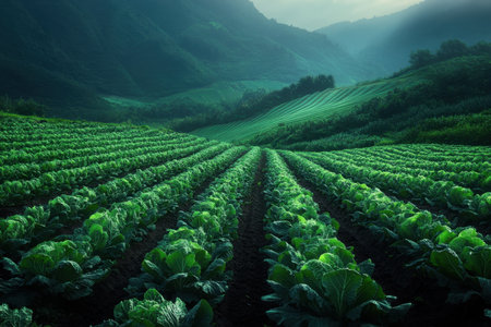A picturesque cabbage field features lush green rows stretching towards misty mountains, illuminated by soft morning light, embodying tranquility.の素材