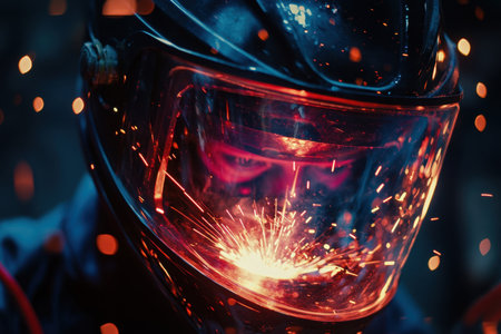 A close-up image of a welder wearing a protective helmet, with bright sparks flying around in an industrial setting. The energy and intensity capture the essence of skilled craftsmanship in metalworking.の素材