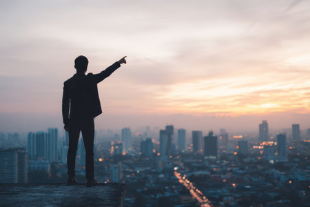A silhouette of a man in a suit points toward a stunning sunset over a city skyline, capturing a moment of inspiration and ambition in an urban setting.の素材