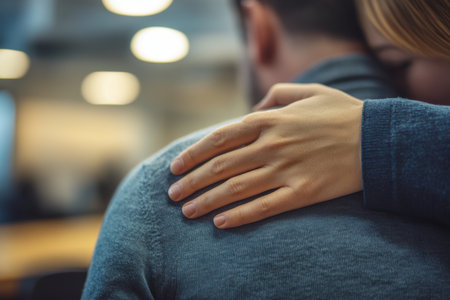 A sentimental scene featuring a couple in a warm embrace, showcasing love and connection in a beautifully blurred indoor environment.の素材