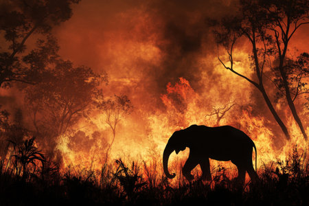 A striking silhouette of an elephant emerges against a backdrop of a raging wildfire in the savannah, emphasizing the urgent need for wildlife conservation and environmental protection.の素材