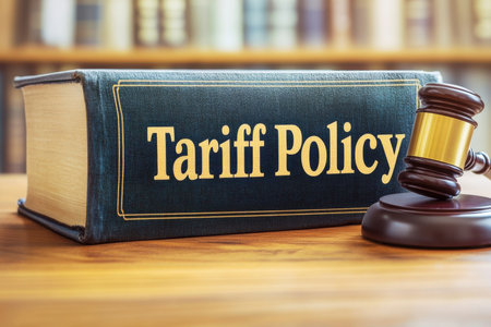 A gavel rests next to a book titled "Tariff Policy," symbolizing legal aspects of trade regulations. This image conveys the relationship between law and international commerce.の素材