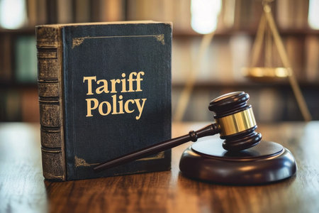 Close-up of a law book titled Tariff Policy alongside a gavel on a wooden table, representing the essence of legal practices and governance in trade matters.の素材