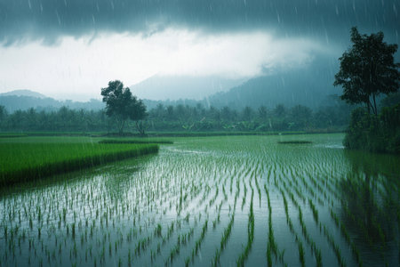 A serene view of lush green rice fields under dark storm clouds during the rainy season, showcasing the tranquility and beauty of nature in a rural setting.の素材