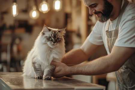 A joyful man interacts with a fluffy cat in a cozy indoor environment, highlighting warmth and companionship in a beautifully lit setting.の素材