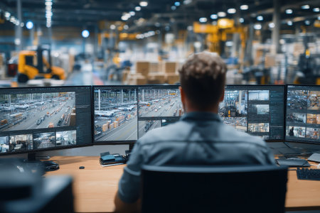 A man oversees security footage from multiple screens in a warehouse setting, highlighting the importance of surveillance and efficient operations in a busy industrial environment.の素材