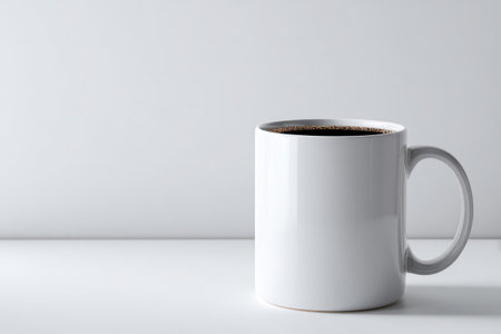 A minimalist white mug filled with dark coffee sits on a clean surface, inviting moments of relaxation and comfort in a serene, modern setting.の素材