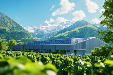 A stunning modern winery features solar panels and is surrounded by vibrant vineyards, set against majestic mountains under a bright blue sky, showcasing sustainability.の素材