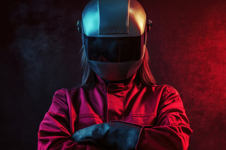 A striking portrait of a racing driver in a bold red suit and sleek helmet, exuding mystery and intensity with colorful lighting and dramatic smoke effects.の素材