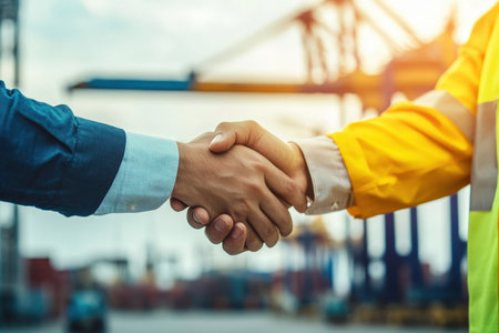 Two business professionals shake hands in an industrial port setting, symbolizing trust, partnership, and collaboration in logistics and transportation.の素材