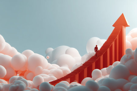 This illustration depicts a person ascending stairs towards a large arrow in the sky, surrounded by soft clouds, symbolizing growth, success, and ambition in an inspiring journey.の素材