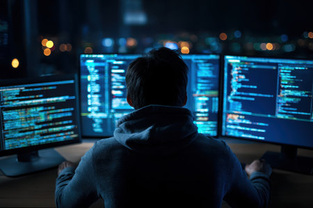 A person sits in front of multiple computer screens displaying code and data during late hours. The dark room contrasts with vibrant digital content, highlighting focus and productivity.の素材