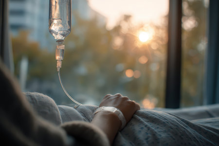 A patient receiving IV treatment gazes out of a hospital window during a serene sunset, conveying emotions of care, healing, and hope in a tranquil environment.の素材