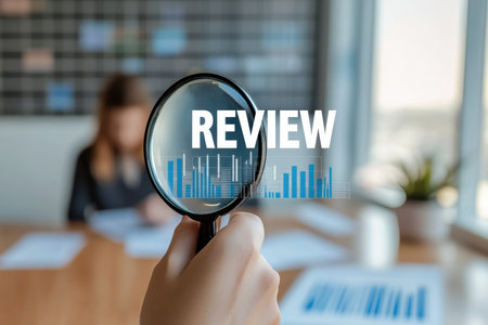 A person holds a magnifying glass over documents, emphasizing review and analysis. Graphs and charts in the background highlight business performance and insights.の素材